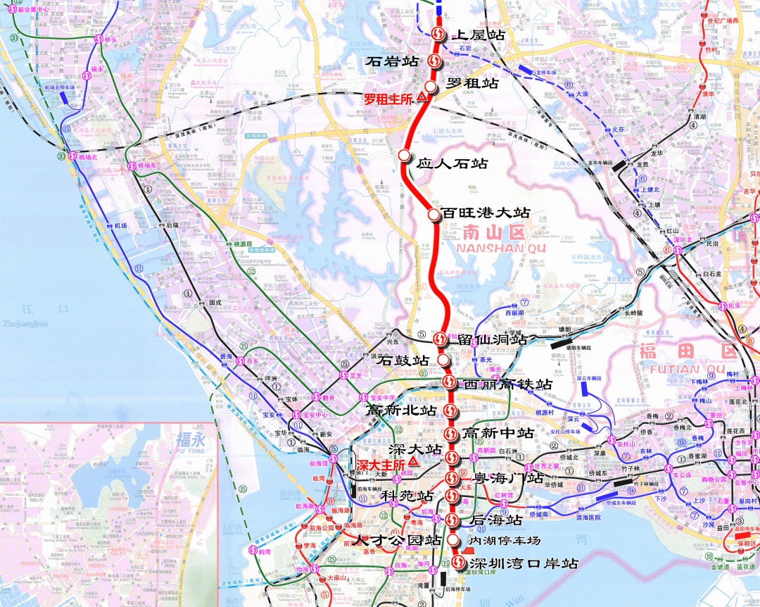 地鐵13號線一期南起自南山區深圳灣口岸,止於寶安區上屋北站,線路全長